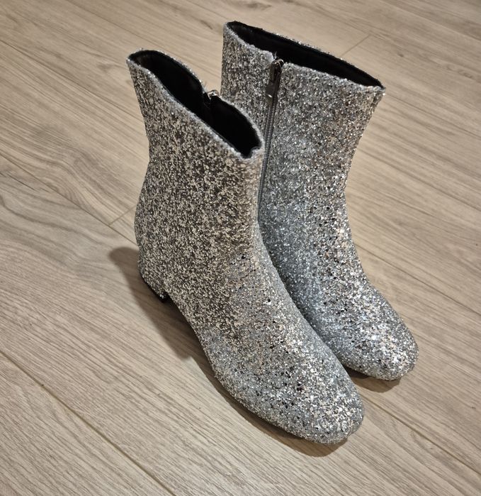 Nowe! Botki brokatowe imprezowe disco srebrne 38