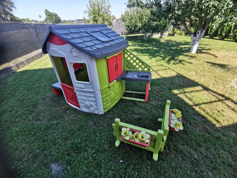 Domek Smoby + kuchnia+ ławeczka+płotek z kwiatami