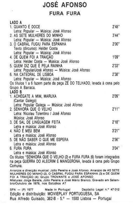 José Afonso	- - - - -		Fura Fura	- - - - -	K7