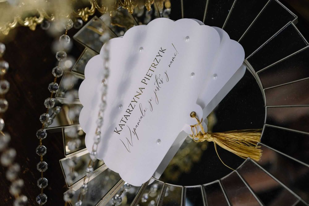 wachlarz ślubny z winietką - perełki