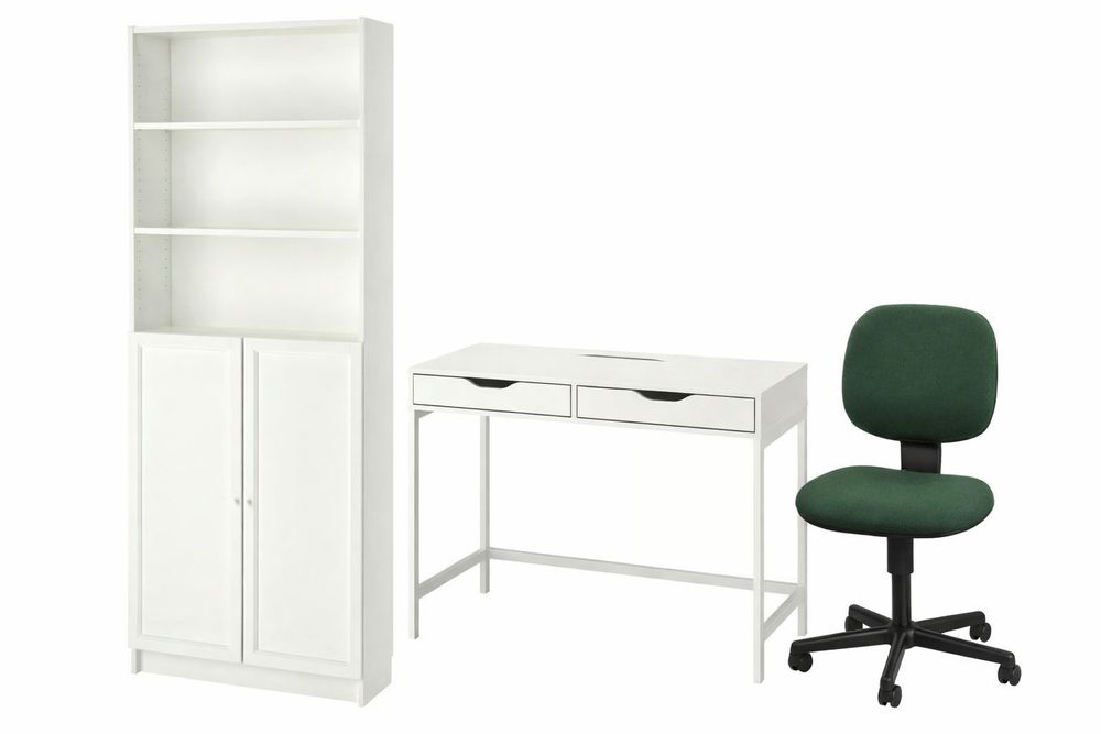 Estante, secretária e cadeira