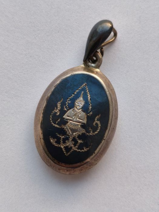 Stary wisiorek STERLING 925 Tajlandia tancerka Apsara onyks/niello