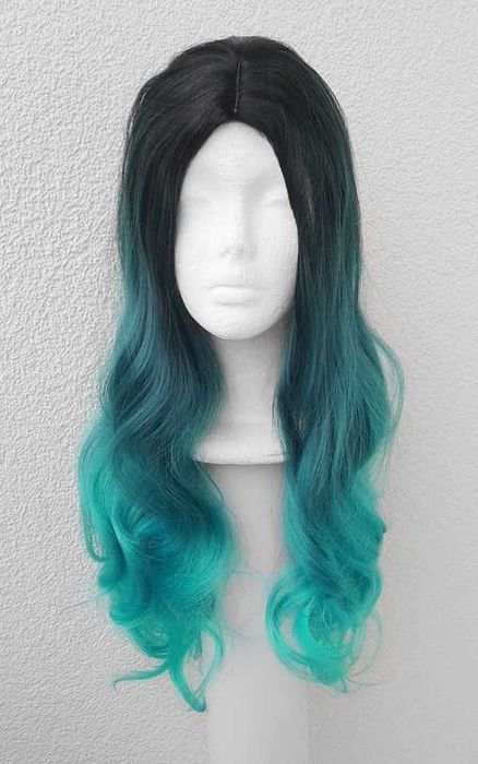 Turkusowa ombre gradient peruka z przedziałkiem falowana długa cosplay