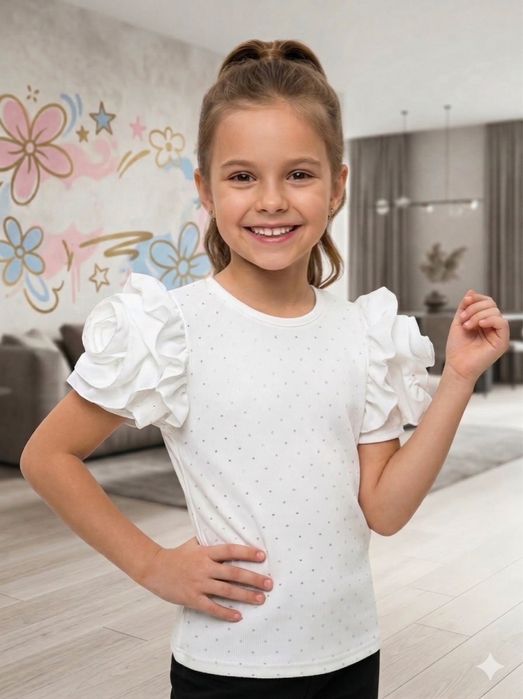 Biała bluzeczka dla dziewczynki z różanymi rękawamy Hit sezonu Elegancka