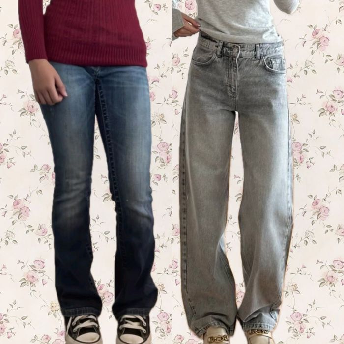 широкі джинси вінтажні кльош розкльошені сині сірі baggy wide leg flared bootcut 2000s downtown coquette y2k indie sleaze demi owens zara bershka kpop
