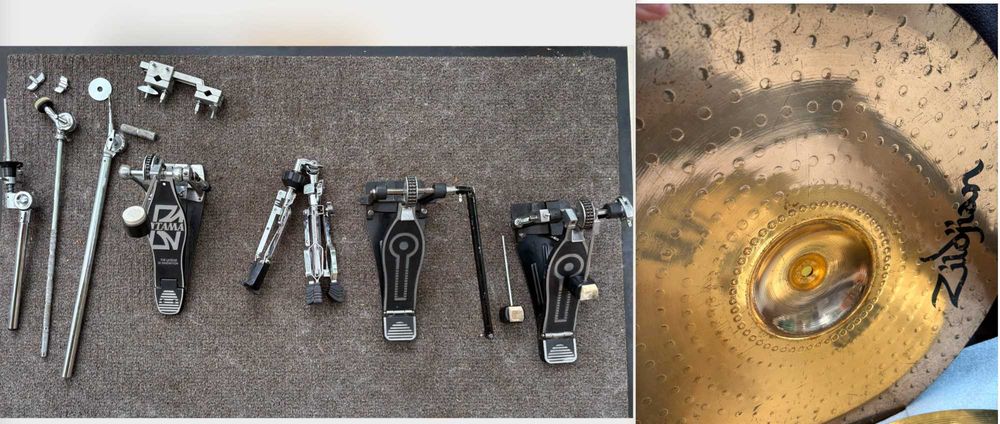 Talerze i hardware perkusja - różne części, różne talerze w tym crash, ride, stopa, podwójna stopa