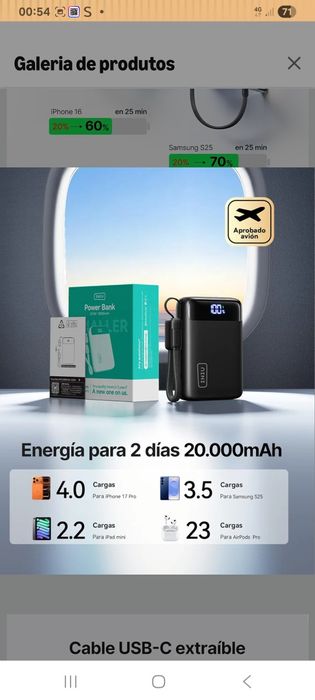 Mini Powerbank INIU,  20.000mAh, para telemóvel e portátil.