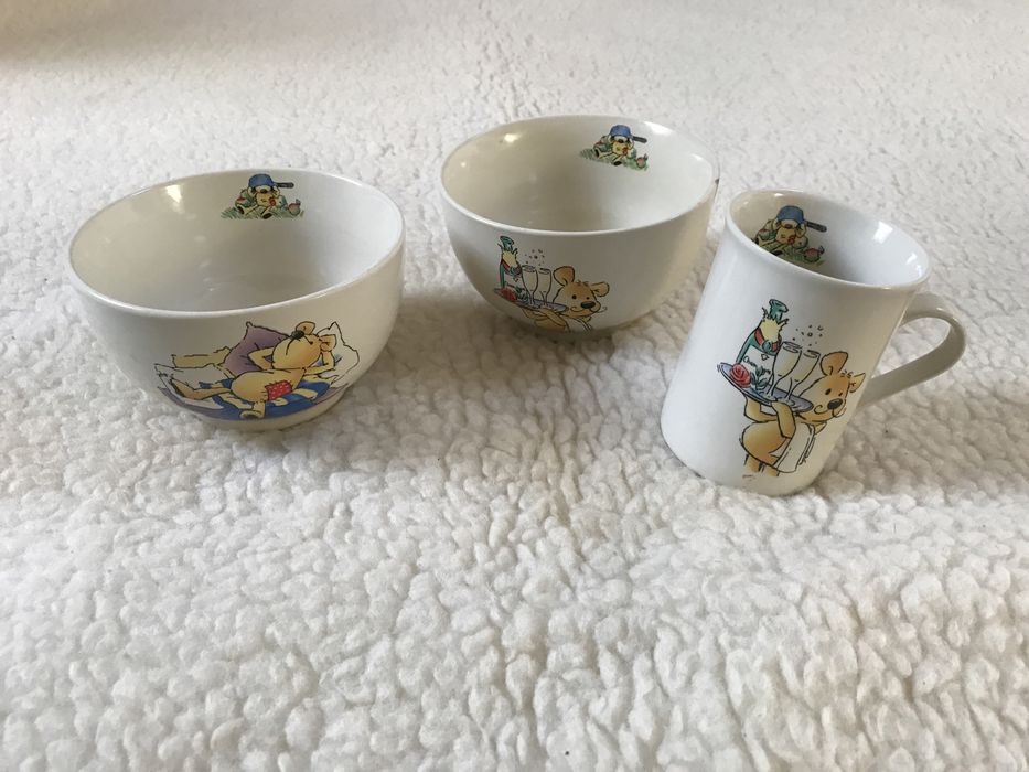 Komplet urocze miseczki, kubek z misiami, zastawa dla dzieci vintage