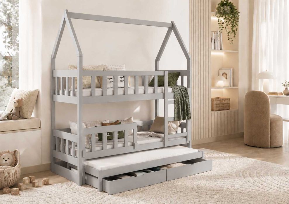 Łóżko piętrowe dla dzieci DOMEK 3 osobowe, materac 160x75 lub 180x75