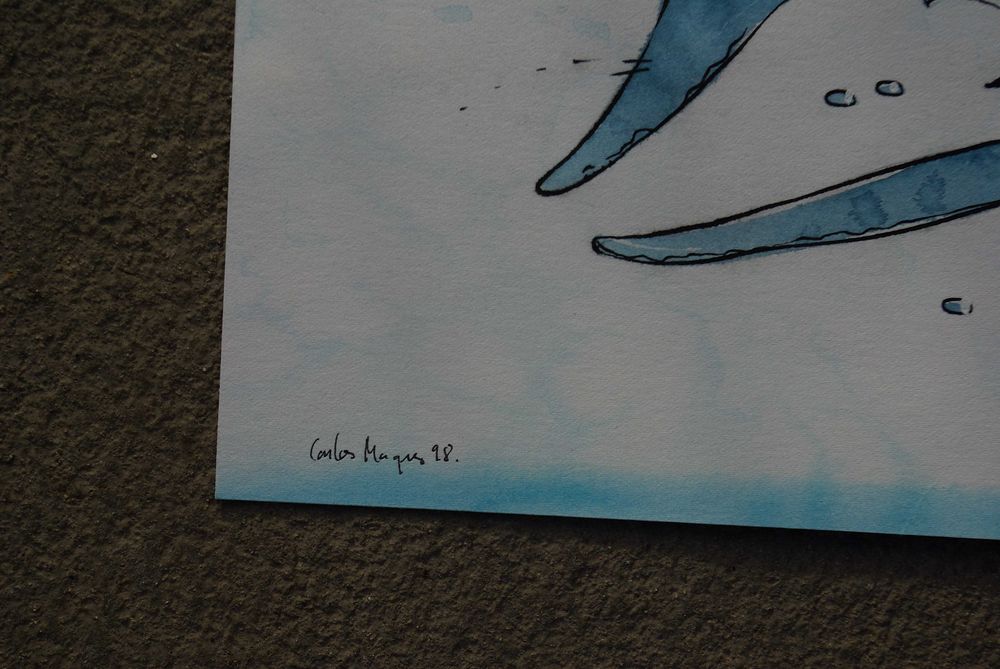 Ilustração infantil. Aguarela e tinta da china. O macaco e o tubarão