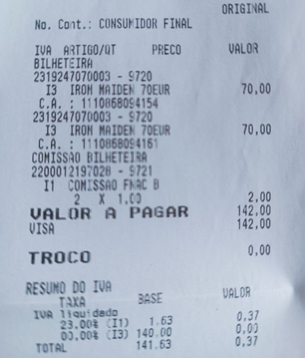 2 Bilhete concerto IRON MAIDEN 70€