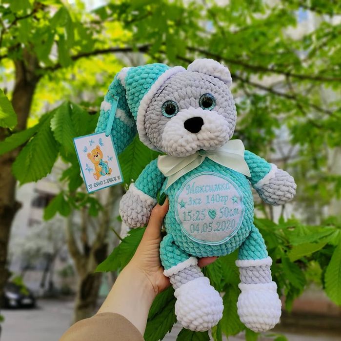 Вязаная игрушка, именная мягкая игрушка мишка с метрикой вышивкой: 500 ...