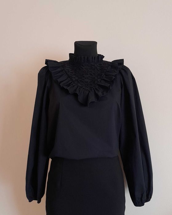 Elegancka bluzka ze stójką szerokie rękawy koronka 100% bawełna