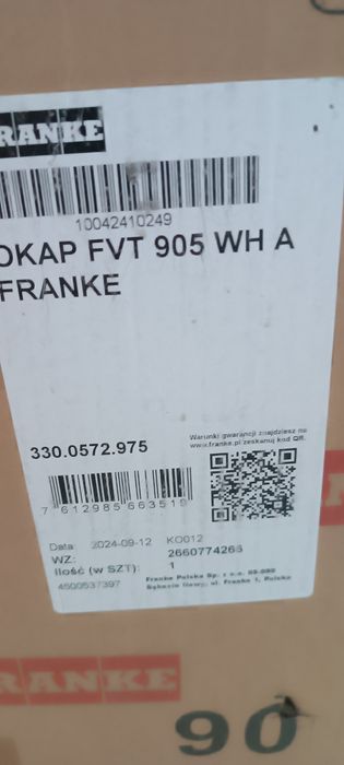 Okap FRANKE FVT 905 WH A Białe szkło 38.5 x 90 x 34.2