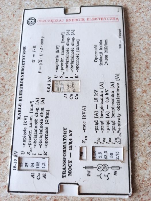 Suwak, karta kabli elektroenergetycznych, transformatorów, wzory