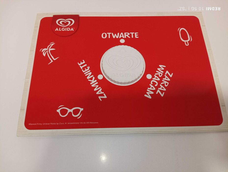 Algida - zamknięte - otwarte - zaraz wracam - tablica Unilever Polska