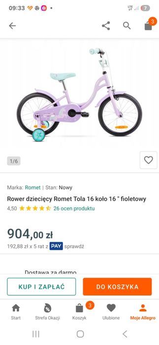 Rower dla dziewczynki 16 cali Romet Tola