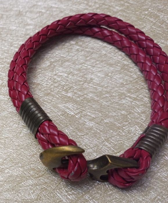 Шкіряний плетений браслет із двох джгутів на застібці якір