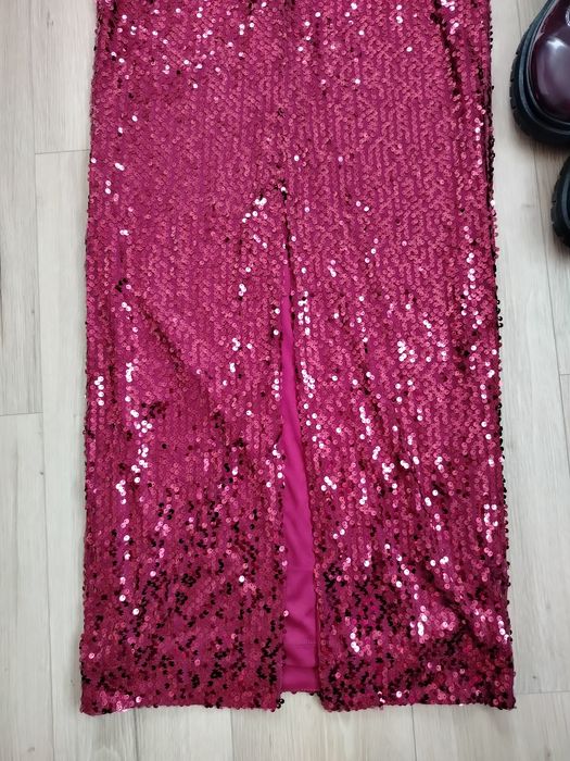 Bordowa sukienka maxi cekinowa elegancka 34 wieczorowa sequin dress