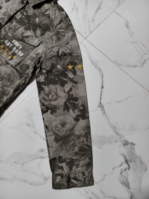 H&M bawełniana kurtka koszulowa khaki we wzór kwiaty cekiny 146