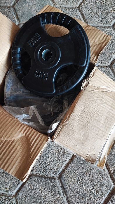 Vendo 10 discos pesos revestidos a borracha, de 5 kg.