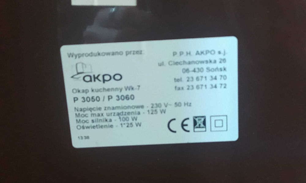 Okap kuchenny brązowy używany Akpo P3050/P3060