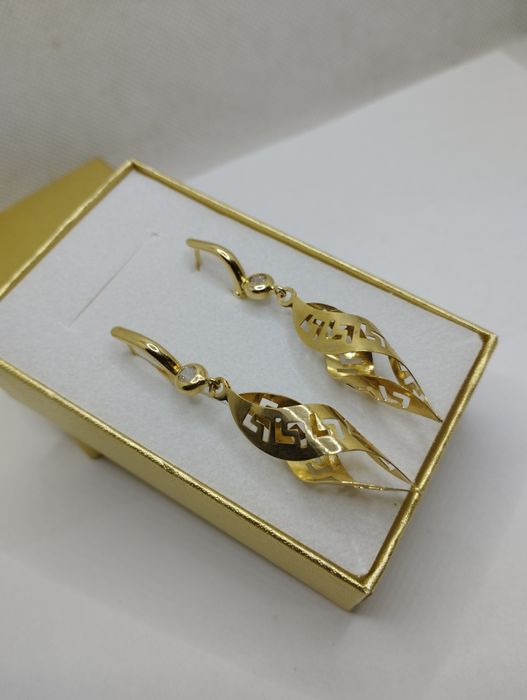 Złote kolczyki wiszące skręcone grecki motyw, złoto 585