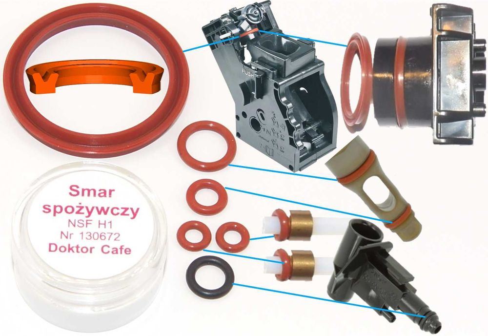 Zestaw nowy typ uszczelki smar Saeco SUP HD RI SM Gaggia Miele Spidem