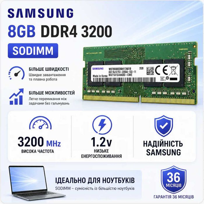 ОЗУ Samsung 16 ГБ (2×8 ГБ) DDR4 3200 SO-DIMM оперативка для ноутбука (M471A1G44AB0-CWE)