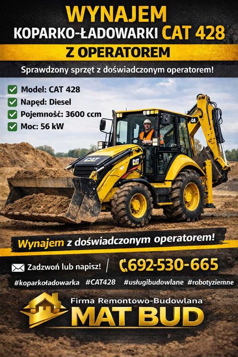 Wynajem koparko-ładowarki kołowej CAT 428 z operatorem