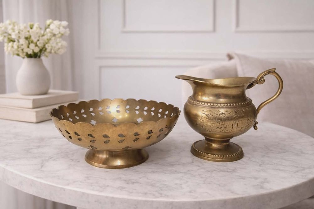 Mosiężny komplet vintage -dzbanek i patera ażurowa retro boho