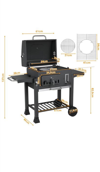 Grill na węgiel drzewny XXL z pokrywą, termometrem, półką i kółkami
