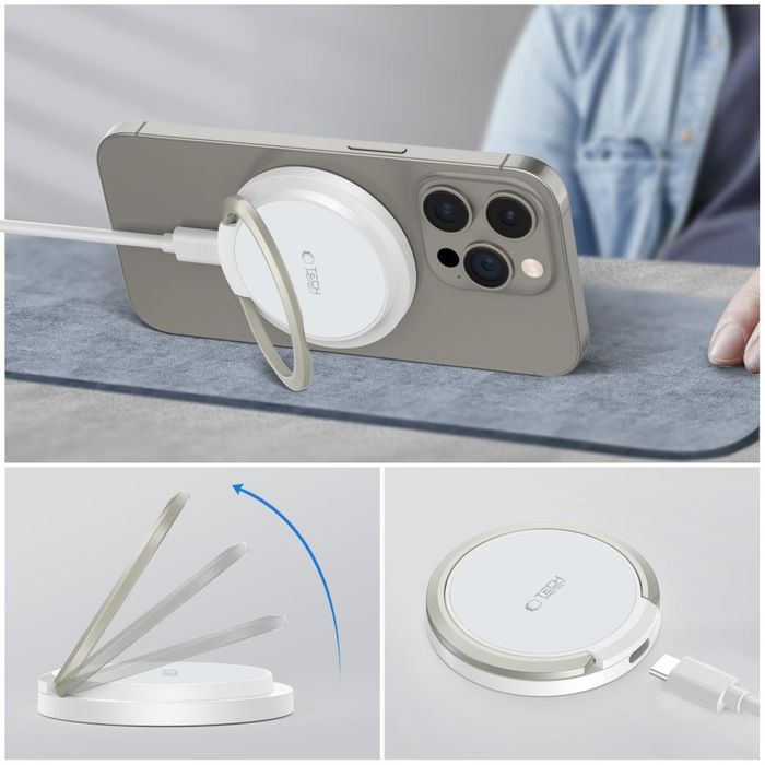 Ładowarka Tech-Protect QI15W-A33 indukcyjna z MagSafe i podstawką z kablem USB-A / USB-C - biała