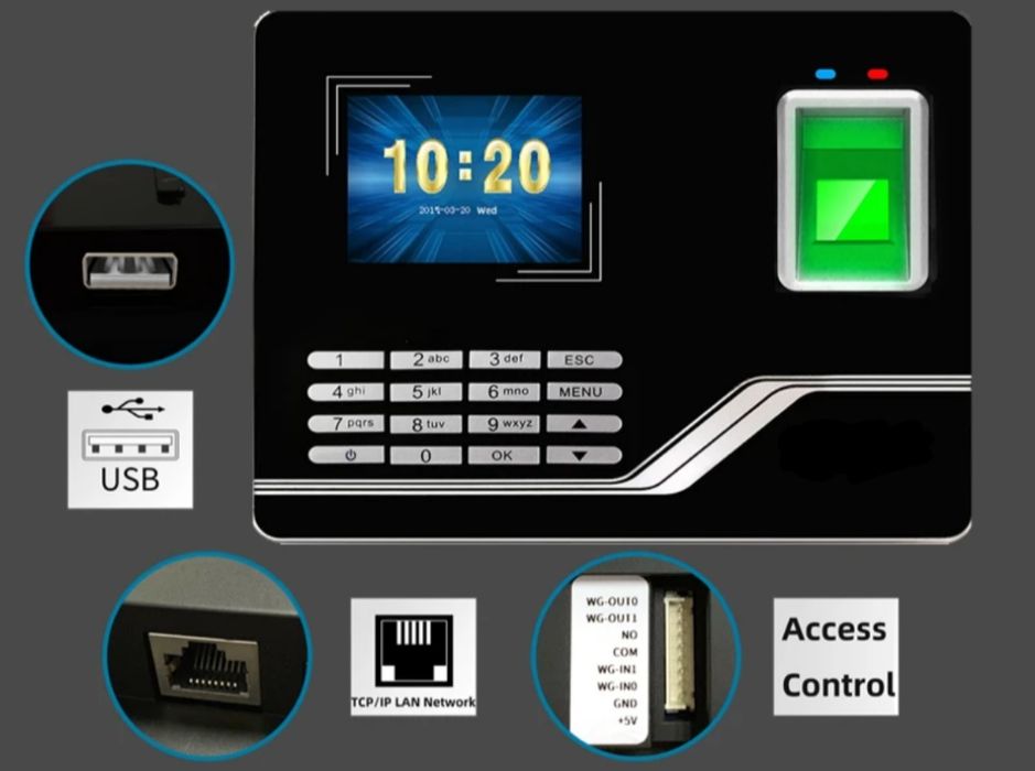 Máquina relógio de ponto biométrico rede TCP c ligações para campainha