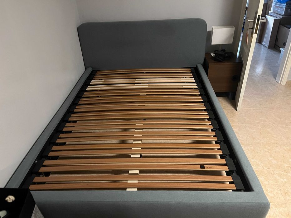 Cool Bluish-Grey Fabric Upholstered Swiss-made bed frame