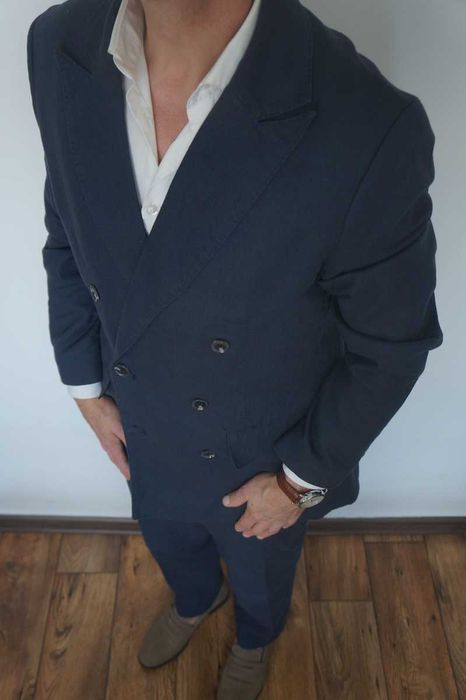 Reserved M Granatowy Garnitur Dwurzędowy Letni Len Bawełna Regular Fit Elegancki Styl