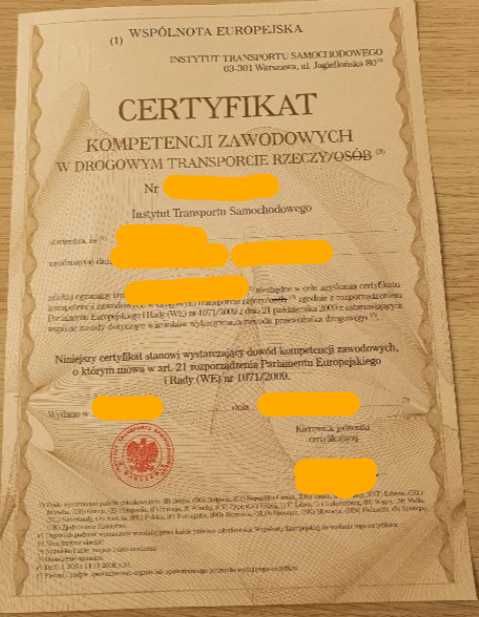 Certyfikat Kompetencji Zawodowych przewóz rzeczy