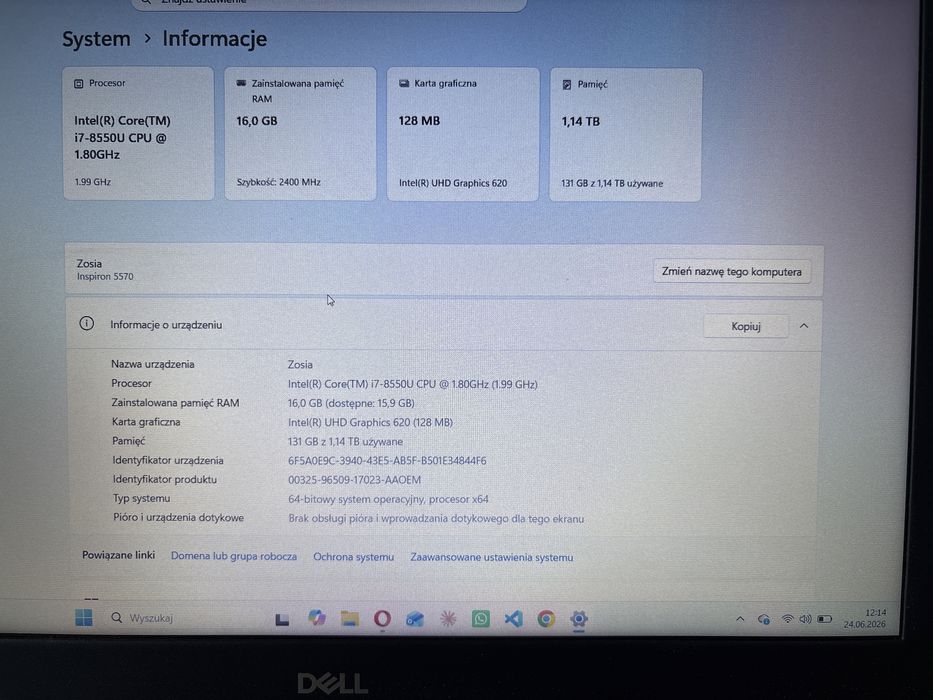 Złoty laptop Dell P75F 16 GB RAM 1TB Win 11