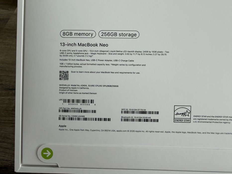 Макбук Apple MacBook Neo 8/256 Silver, Citrus (A3404)