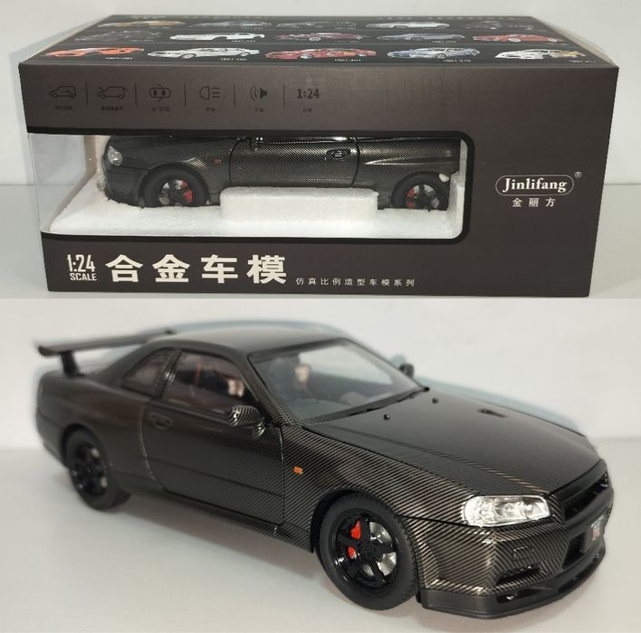 Nissan Skyline GT-R R34 Carbon модель 1:24 Jinlifang Металл звук свет