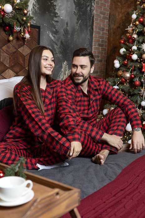 Піжама фланелева в клітинку унісекс парна сорочка та штани S - 3XL