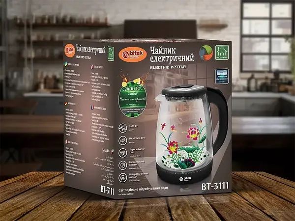 Чайник електричний склянный з квiтклю 1,8л  синє LED-підсвічування