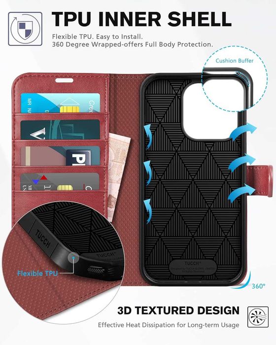 TUCCH iPhone 14 Pro etui skórzane magnetyczne Portfel RFID  czerowne