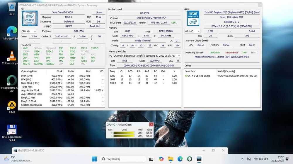 HP EliteBook 840 i5-6300/8GbDDR/240SSD/Win11/BateriaOK