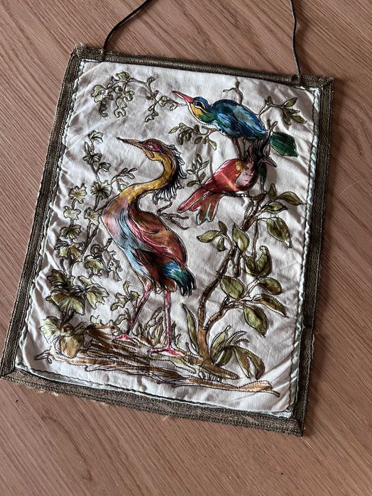 Vintage dekoracja ścienna haftowany obrazek z ptakami, styl orientalny