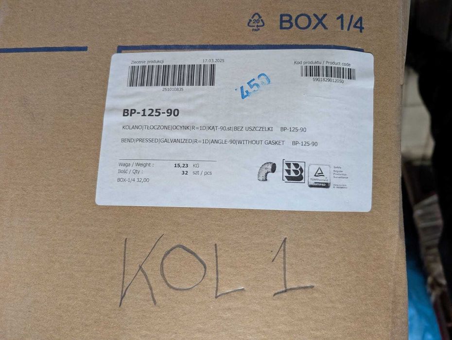Rury spiro 125 mm, wentylacja, kolano, nypel, obejmy, big foot,