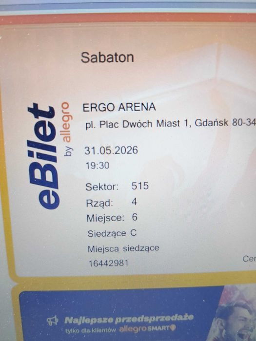 Sabaton  3 bilety Gdańsk 31.05.2026