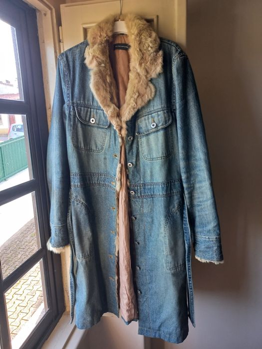 Casaco comprido ganga e pêlo coelho