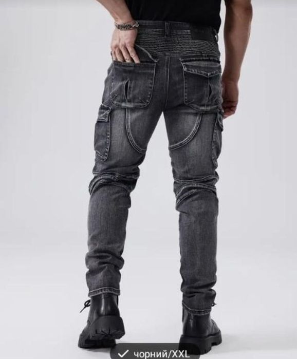 Темно-сірі джинси з багатьма кишенями XXL.  Камуфляж. Мото.