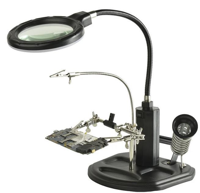 Третья рука для пайки большая TE-802 держатель плат с лупой 85мм 2,5х